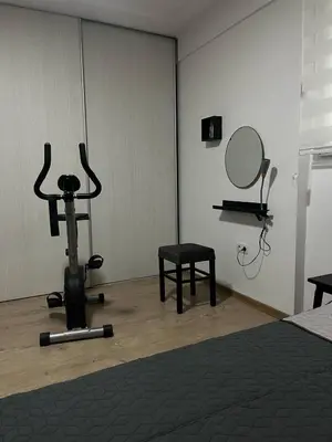a room with a bed and a mirror and a chair at Aria Central Apartment in Smederevo