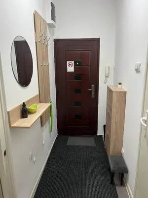 a bathroom with a brown door and a wooden sink at Aria Central Apartment in Smederevo