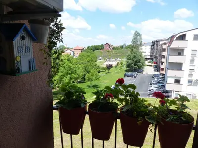 a balcony with potted plants and a view of a street at Tackica 13 Apartment in Belgrade
