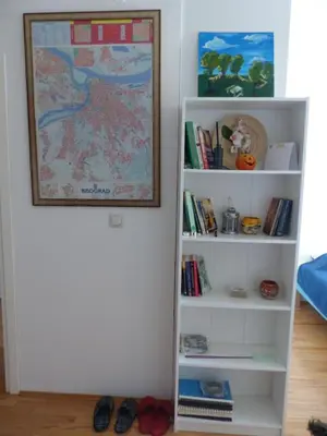 a book shelf with a map on the wall at Tackica 13 Apartment in Belgrade