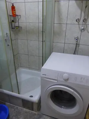 a washing machine in a bathroom with a shower at Tackica 13 Apartment in Belgrade