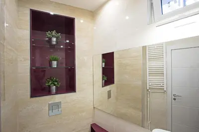 a bathroom with two shelves with potted plants on it at The Boutique Apartment in Belgrade