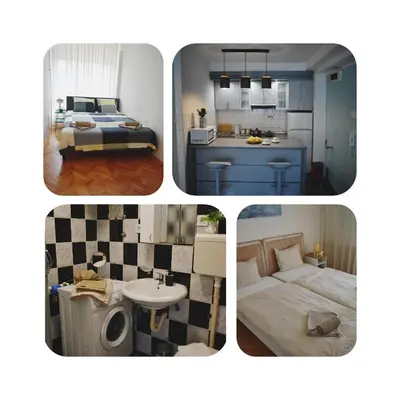 a collage of four pictures of a kitchen and a bedroom at Apartman Play in Belgrade