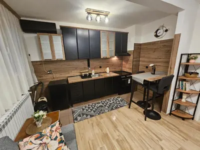 a kitchen with a sink and a table in a room at Apartman Sandra in Belgrade
