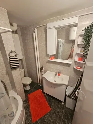 a bathroom with a sink and a toilet and a mirror at Apartman Sandra in Belgrade