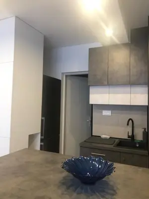 a kitchen with a table with a blue bowl on it at Beograd stan na dan in Novi Beograd