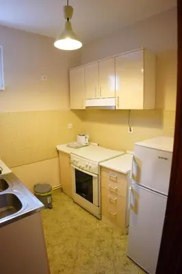 a kitchen with a white refrigerator and a sink at Apartmani Kula - Apartman 2 in Novi Banovci