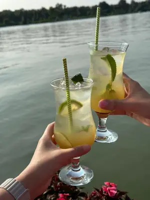 a couple of people holding up two drinks at Splav na Savi in Ostružnica