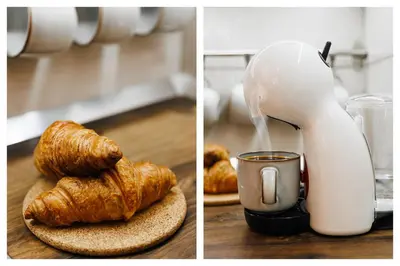 a coffee maker pouring milk into a cup of croissants at Harmonic Nest 3min to Republic Square Renovated in Belgrade