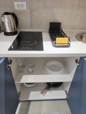 a kitchen counter with a stove and a sink at Boneca apartment in Belgrade