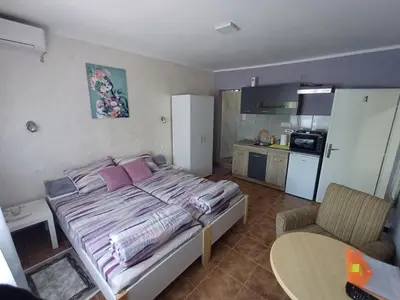 a bedroom with a large bed and a kitchen at Apartments DAJER in Arandjelovac