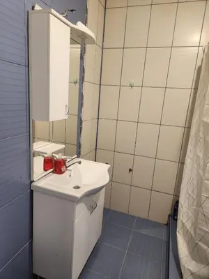 a bathroom with a white sink and a mirror at EM Apart in Beograd