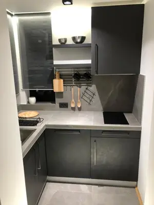 a kitchen with gray cabinets and a counter top at Apartment Nevena 3 in Belgrade