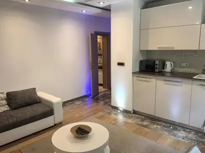 a living room with a couch and a kitchen at Kalemegdan park & Zoo - City center in Belgrade