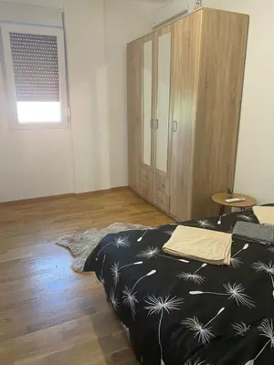 a bedroom with a bed and a wooden cabinet at Zmaj LUX in Mladenovac