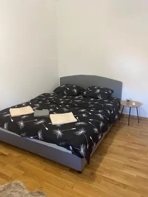 a bedroom with a bed with a black and white comforter at Zmaj LUX in Mladenovac