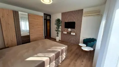 a hotel room with a bed and a television at Valia apartments 2 in Belgrade