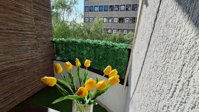 a vase of yellow tulips sitting on a balcony at Valia apartments 2 in Belgrade