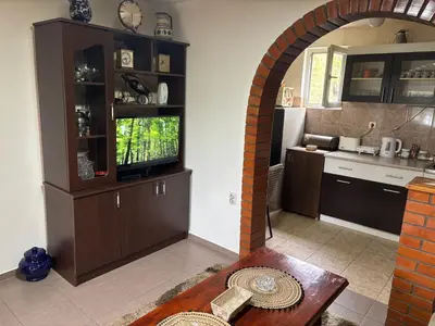 a kitchen with an archway in the middle of a room at Kuća na obali Save in Obrenovac