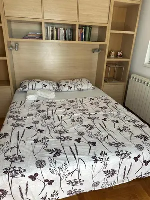 a bedroom with a bed with a black and white comforter at Cozy two bedroom in Belgrade in Belgrade