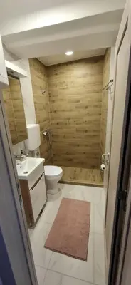 a bathroom with a shower and a toilet and a sink at Bingo's apartman in Belgrade