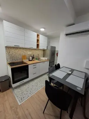a kitchen with a table and a kitchen with white cabinets at Vanja's Apartman in Belgrade
