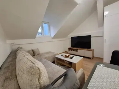 a living room with a couch and a tv at Vanja's Apartman in Belgrade