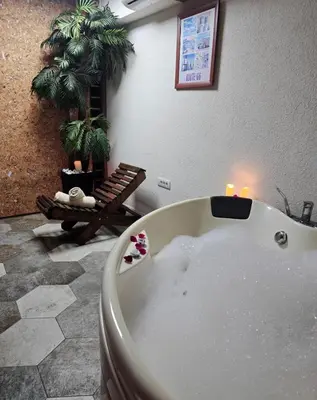 a bath tub in a bathroom with a palm tree at House therapy in Sremčica