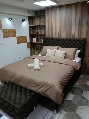 a bedroom with a large bed with a leather headboard at House therapy in Sremčica