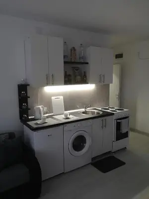 a kitchen with a sink and a washing machine at Belgrade Center Lux in Belgrade