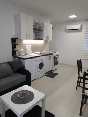 a living room with a couch and a washing machine at Belgrade Center Lux in Belgrade