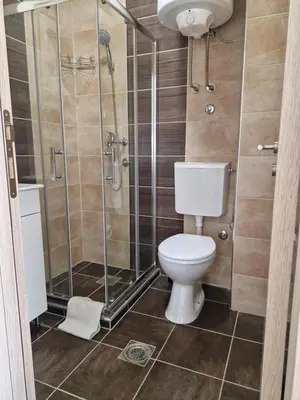 a bathroom with a toilet and a shower at Banjica 202 in Voždovac
