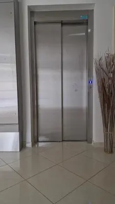 a metal elevator door in a building with a vase at Banjica 202 in Voždovac