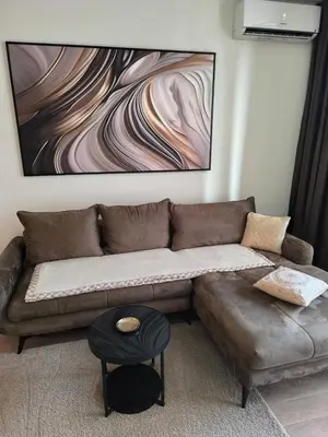 a couch in a living room with a painting on the wall at Belgrade Waterfront Shine Quartet 3 in Belgrade