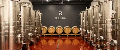 a row of wine barrels in a wine cellar at Pećina Stroga - Bjelica Winery Rooms in Sremski Karlovci