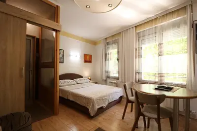 a bedroom with a bed and a table and chairs at Studio Apartman Vojvoda in Belgrade