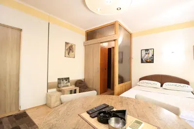 a hotel room with a bed and a table at Studio Apartman Vojvoda in Belgrade