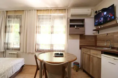 a small kitchen with a table in a room at Studio Apartman Vojvoda in Belgrade