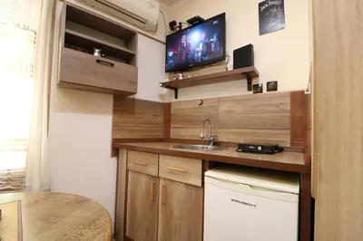 a kitchen with a sink and a tv on the wall at Studio Apartman Vojvoda in Belgrade
