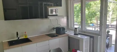a kitchen with a counter with a microwave and a window at Kostas Apartment in Belgrade