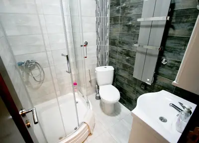 a bathroom with a shower and a toilet and a sink at Studio Intriga in Belgrade