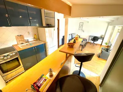 an overhead view of a kitchen and a living room at Mirabel in Belgrade