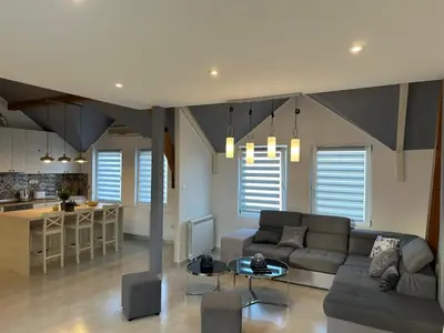 a living room with a couch and a kitchen at Iva Lux2 in Belgrade