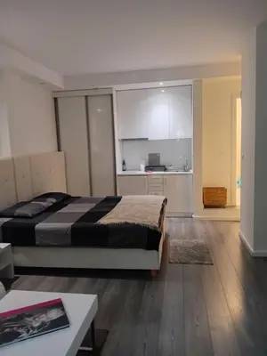 a bedroom with a bed and a living room at Senjak studio apartment, near Belgrade fair in Belgrade