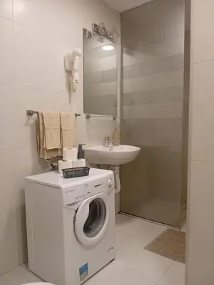 a bathroom with a washing machine and a sink at Senjak studio apartment, near Belgrade fair in Belgrade