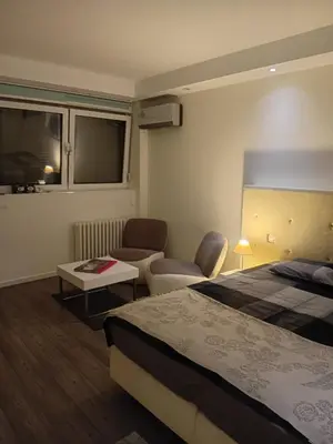 a hotel room with two beds and a couch at Senjak studio apartment, near Belgrade fair in Belgrade
