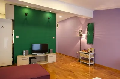 a living room with a tv and a green wall at Purple and Green in Belgrade