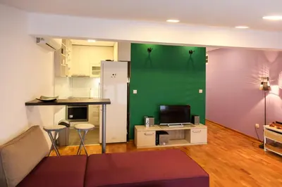 a living room with a couch and a green wall at Purple and Green in Belgrade