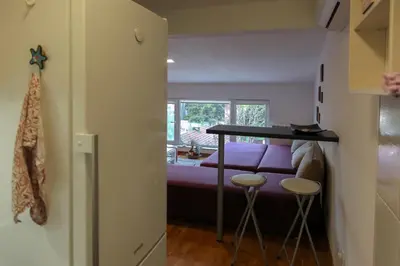 a living room with a couch and a table at Purple and Green in Belgrade