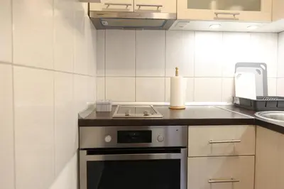 a small kitchen with a stove and a sink at Purple and Green in Belgrade